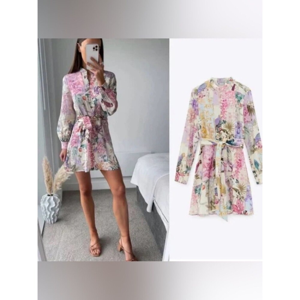 Zara Long Sleeve Floral Parrot Linen Blend Mini Dress Blogger Favorite Size XS